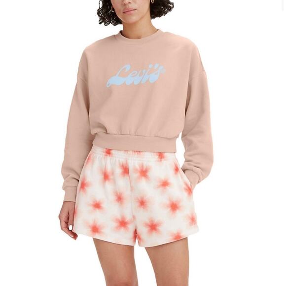 Levis Cropped Graphic Logo Sweatshirt Sz XL Peach Blue Crewneck Pullover Fleece - Picture 1 of 11